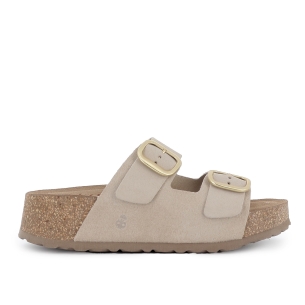 Zueco 2 hebillas plantilla piel piso corcho y caucho mujer beige