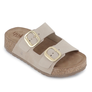 Zueco 2 hebillas plantilla piel piso corcho y caucho mujer beige 2