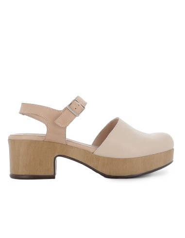 Zapato con correa en piel y plataforma beige mujer