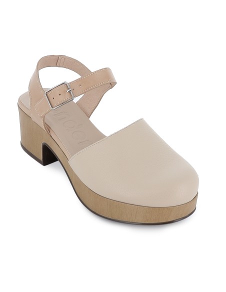 Zapato con correa en piel y plataforma beige mujer