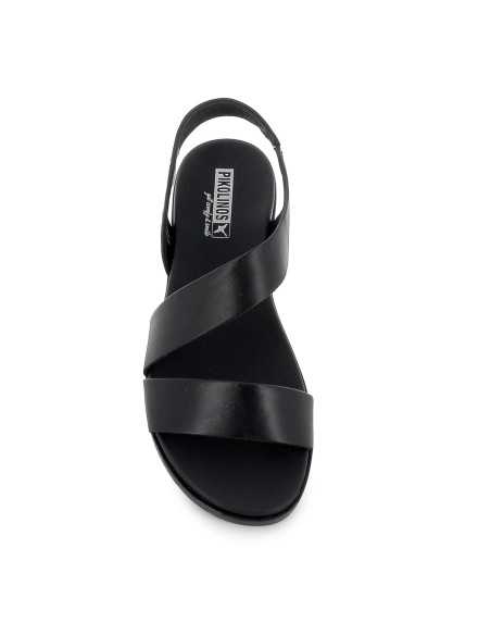 Sandalia piel con cuña baja diseño tiras mujer negro