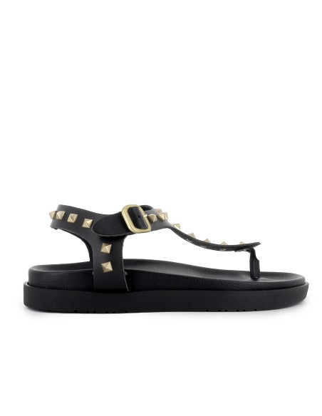 Sandalias esclava piel con tachas decorativas plana mujer negra