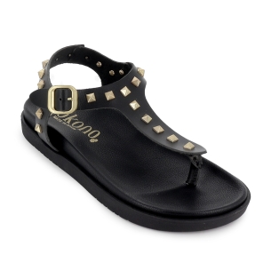 Sandalias esclava piel con tachas decorativas plana mujer negra 2