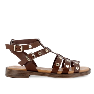 Sandalia romana piel ojales y 2 hebillas tacon bajo mujer marron