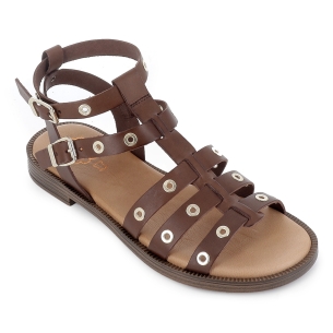 Sandalia romana piel ojales y 2 hebillas tacon bajo mujer marron 2