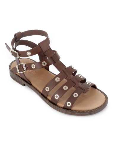 Sandalia romana piel ojales y 2 hebillas tacon bajo mujer marron