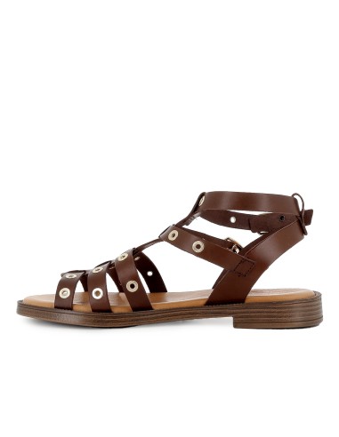 Sandalia romana piel ojales y 2 hebillas tacon bajo mujer marron