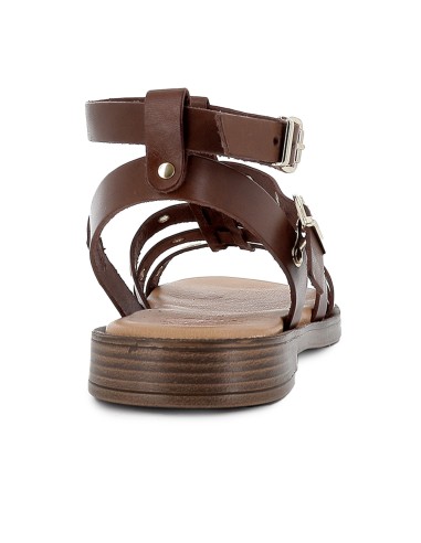 Sandalia romana piel ojales y 2 hebillas tacon bajo mujer marron