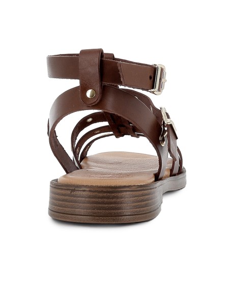 Sandalia romana piel ojales y 2 hebillas tacon bajo mujer marron