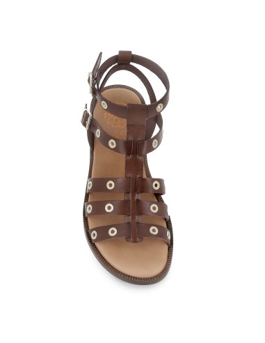 Sandalia romana piel ojales y 2 hebillas tacon bajo mujer marron