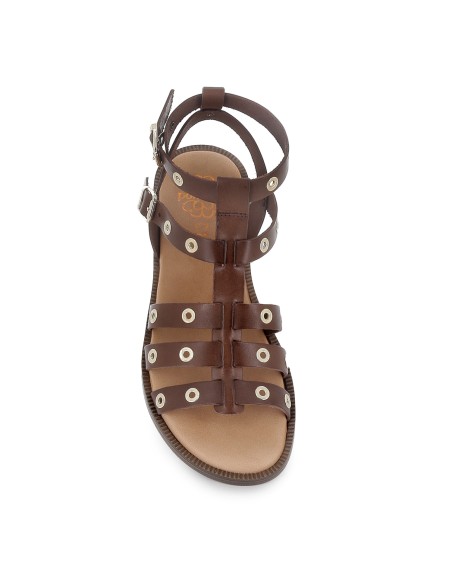 Sandalia romana piel ojales y 2 hebillas tacon bajo mujer marron