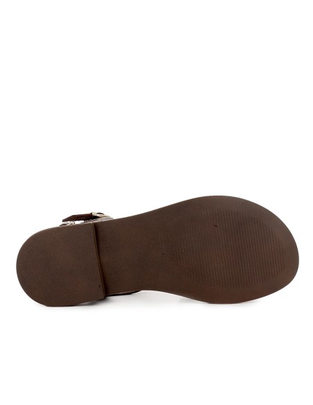 Sandalia romana piel ojales y 2 hebillas tacon bajo mujer marron