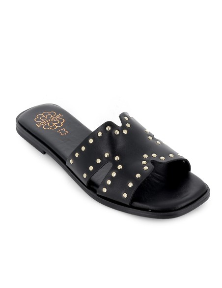 Sandalia tipo zueco piel con tachas semi cuadrada mujer negra