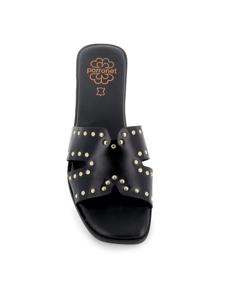 Sandalia tipo zueco piel con tachas semi cuadrada mujer negra