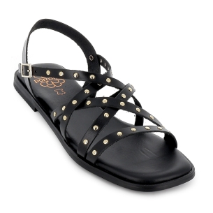 Sandalia piel tiras cruzadas con tachuelas plana mujer negra 2