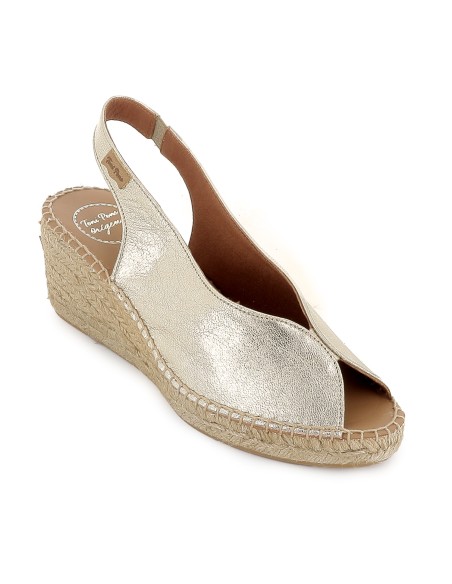 Alpargata abierta cuña piel mujer dorado