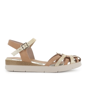 Sandalia cangrejera piel combinada hebilla y cuña mujer taupe