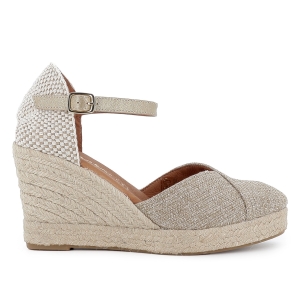 Alpargata yute con pala de lino mezclilla y cintas mujer dorada