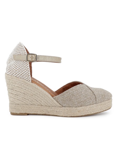 Alpargata yute con pala de lino mezclilla y cintas mujer dorada