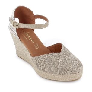 Alpargata yute con pala de lino mezclilla y cintas mujer dorada 2