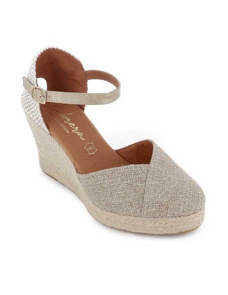 Alpargata yute con pala de lino mezclilla y cintas mujer dorada