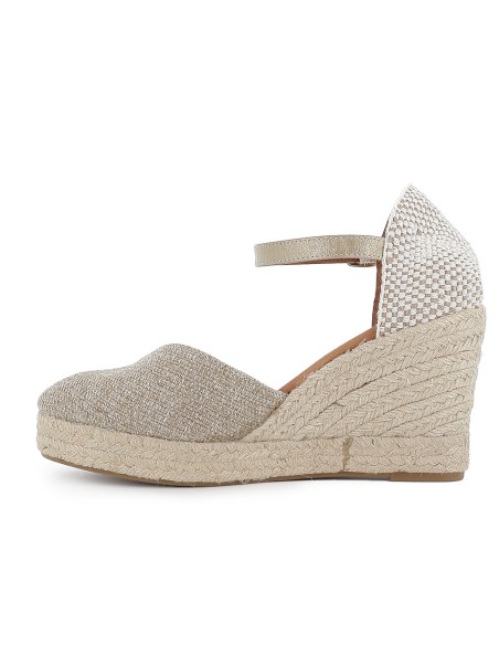 Alpargata yute con pala de lino mezclilla y cintas mujer dorada