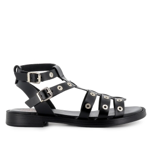 Sandalia romana piel ojales y 2 hebillas tacon bajo mujer negra