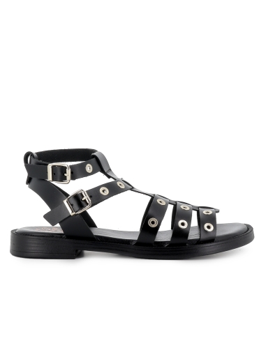 Sandalia romana piel ojales y 2 hebillas tacon bajo mujer negra