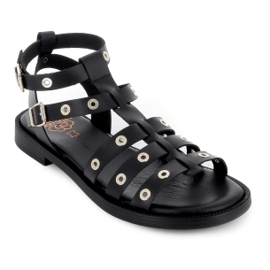 Sandalia romana piel ojales y 2 hebillas tacon bajo mujer negra 2