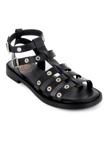 Sandalia romana piel ojales y 2 hebillas tacon bajo mujer negra