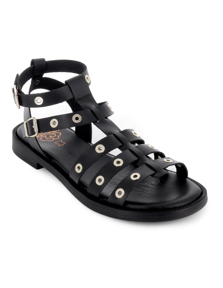 Sandalia romana piel ojales y 2 hebillas tacon bajo mujer negra