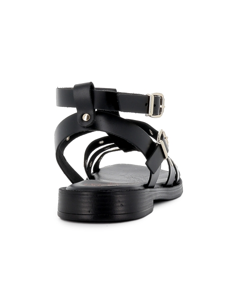 Sandalia romana piel ojales y 2 hebillas tacon bajo mujer negra