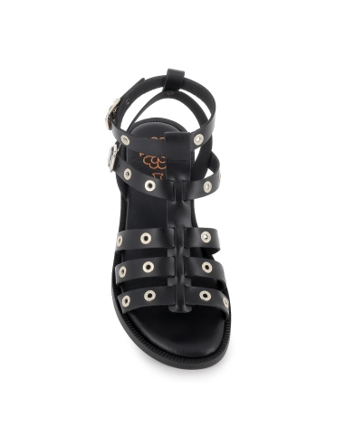 Sandalia romana piel ojales y 2 hebillas tacon bajo mujer negra