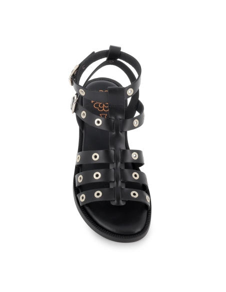 Sandalia romana piel ojales y 2 hebillas tacon bajo mujer negra