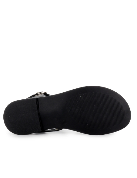 Sandalia romana piel ojales y 2 hebillas tacon bajo mujer negra