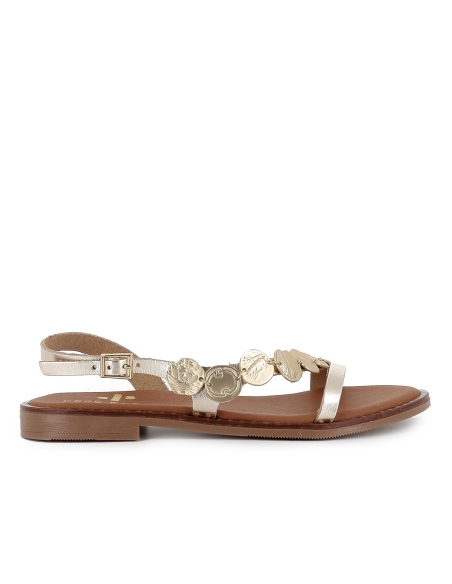 Sandalia piel tira chapas suela acolchada plana mujer dorado