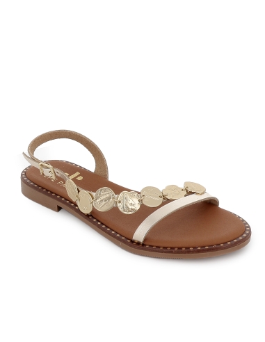 Sandalia piel tira chapas suela acolchada plana mujer dorado