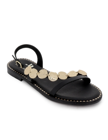 Sandalia piel tira chapas suela acolchada plana mujer negro