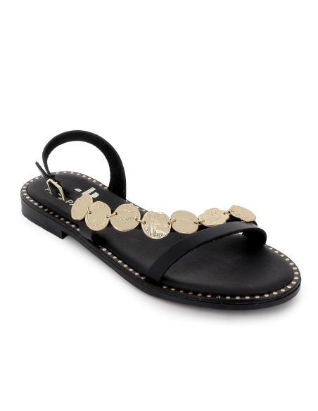 Sandalia piel tira chapas suela acolchada plana mujer negro