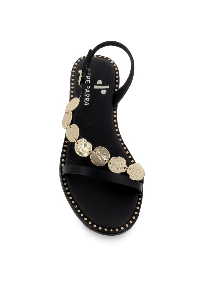 Sandalia piel tira chapas suela acolchada plana mujer negro