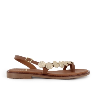 Sandalia esclava piel chapas plana suela acolchada mujer marron