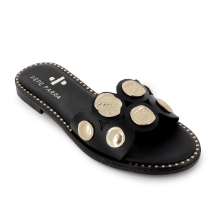 Zueco piel pala con tachas y suela acolchada plana mujer negro 2