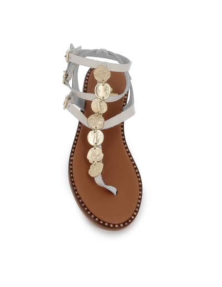 Sandalia romana tipo esclava piel con hebillas plano mujer hielo