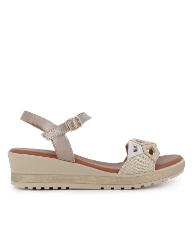 Sandalia piel diseño asimetrico con cuña media mujer dorado