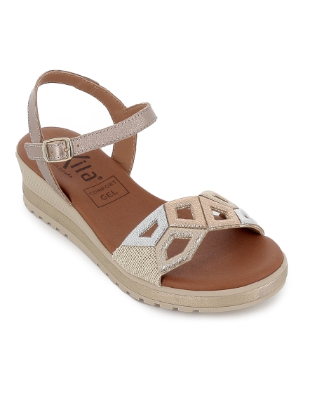 Sandalia piel diseño asimetrico con cuña media mujer dorado