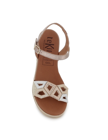 Sandalia piel diseño asimetrico con cuña media mujer dorado