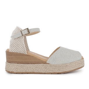 Sandalia piel correa y hebilla cuña plataforma mujer plateada