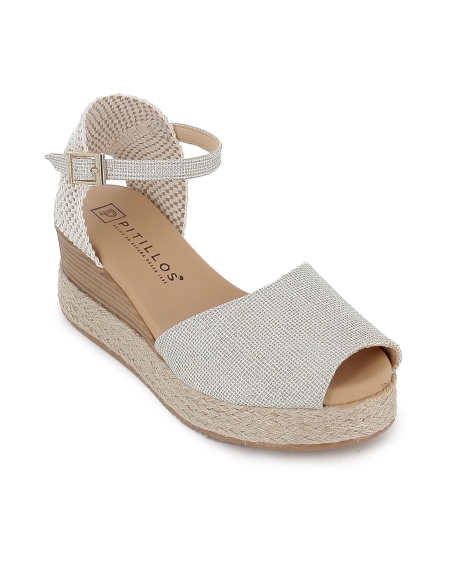 Sandalia piel correa y hebilla cuña plataforma mujer plateada