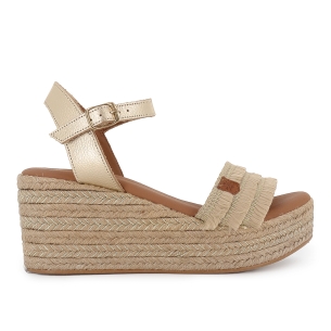 Alpargata yute piel con flecos cuña combi y hebilla mujer beige
