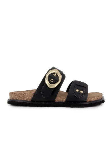 Sandalia zueco piel con hebilla y suela ergonomica mujer negro